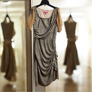 Vintage Betsey Johnson Asymmetrical Leopard Print Dress Sz 10 Sheer Sleeves